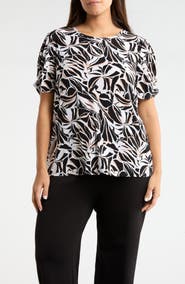 AK ANNE KLEIN Print Pleat Short Sleeve Top