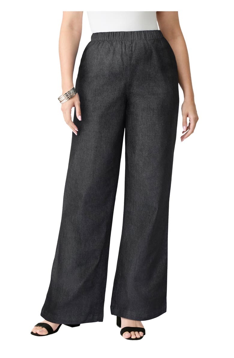 Roaman's Plus Size Comfort Stretch Wide Leg Jean, Main, color, Black Denim