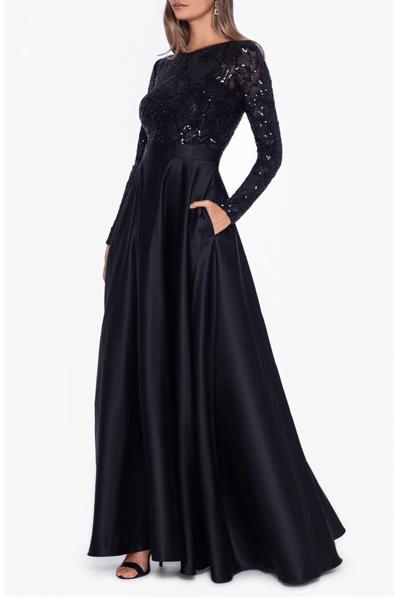 Sequin Long Sleeve Ballgown, Alternate, color, BLACK/ BLACK