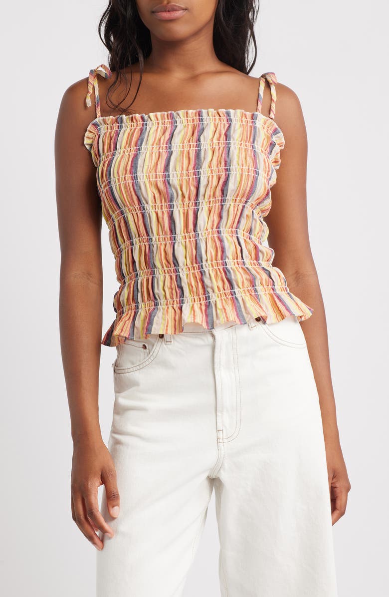 Topshop Stripe Shirred Cotton Camisole, Main, color, Beige Multi