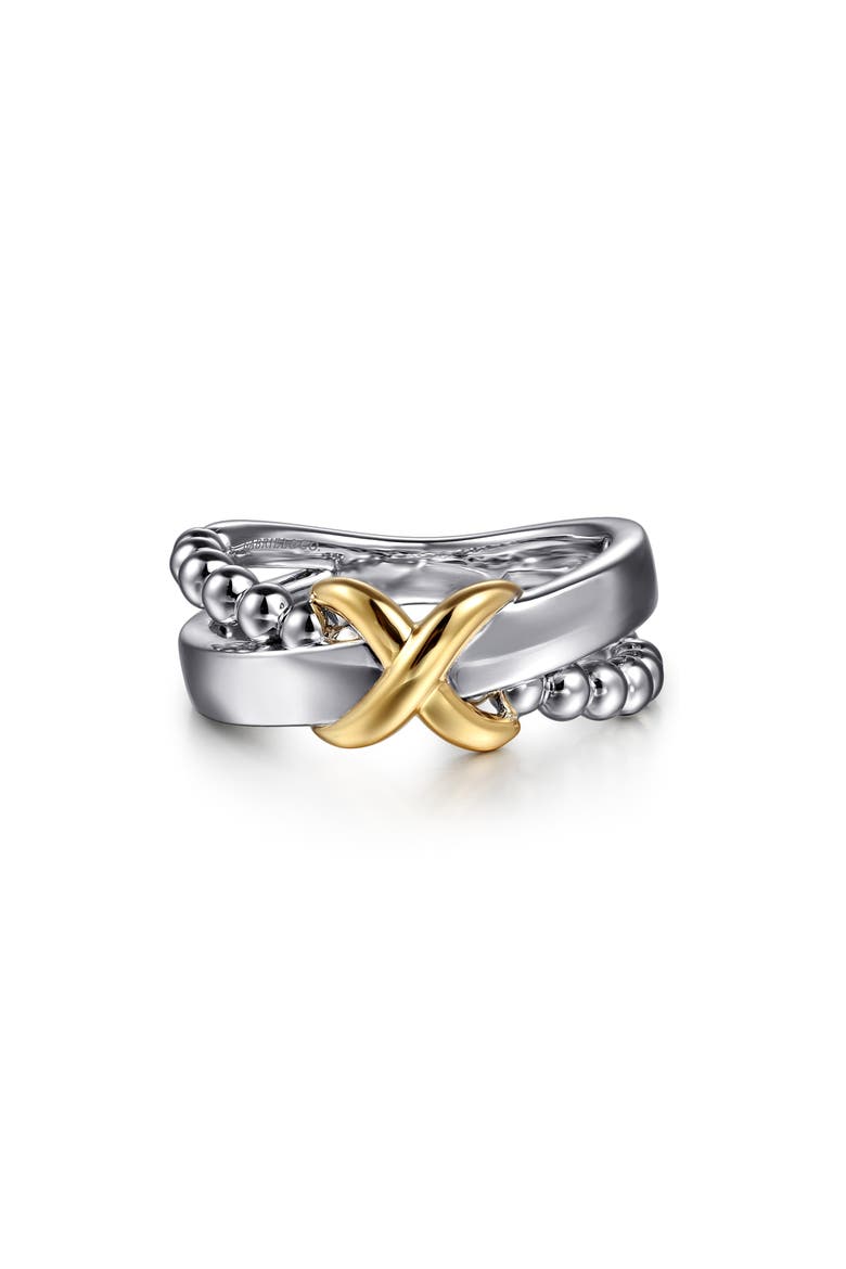Wide Band Crisscross Ring, Main, color, SILVER/ 14K YELLOW GOLD