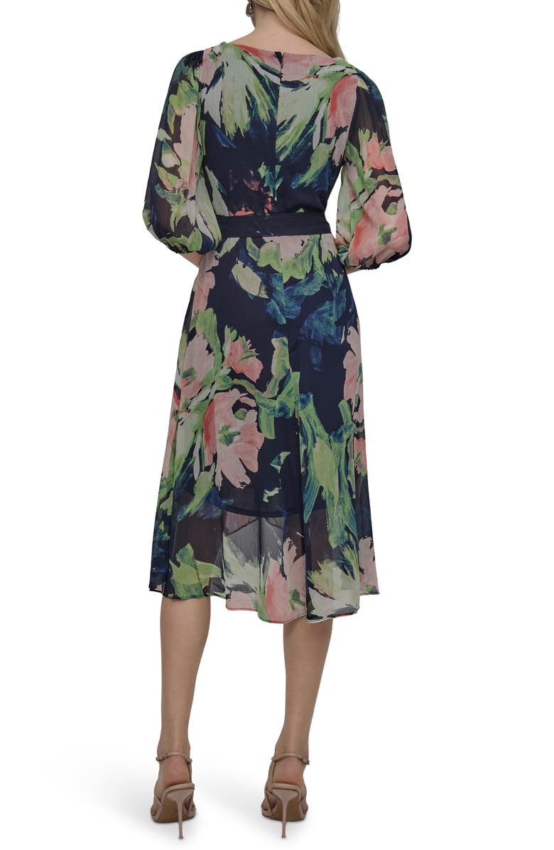 DKNY Floral Balloon Sleeve Faux Wrap Midi Dress, Alternate, color, Navy Multi