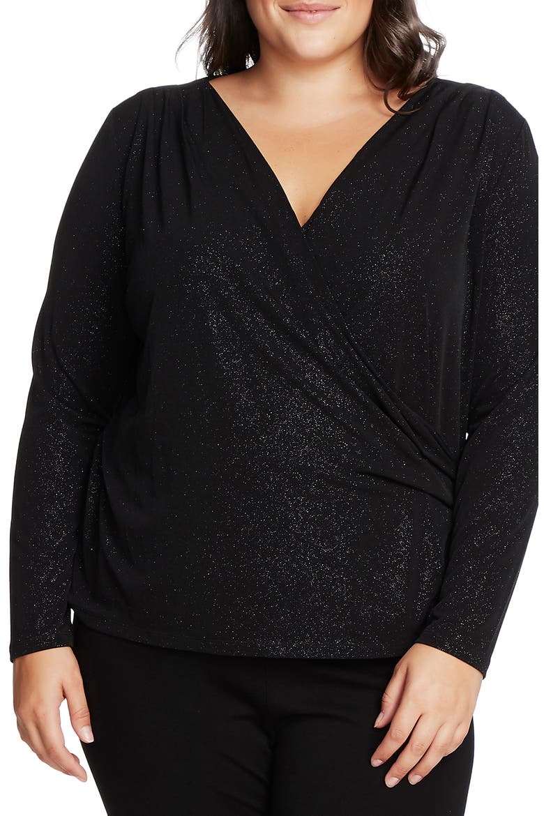 Faux Wrap Sparkle Jersey Top, Main, color, RICH BLACK