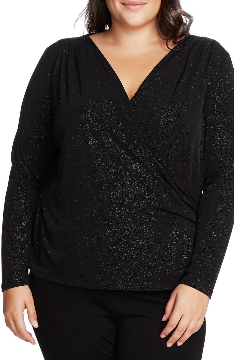 Vince Camuto Faux Wrap Sparkle Jersey Top, Main, color, 