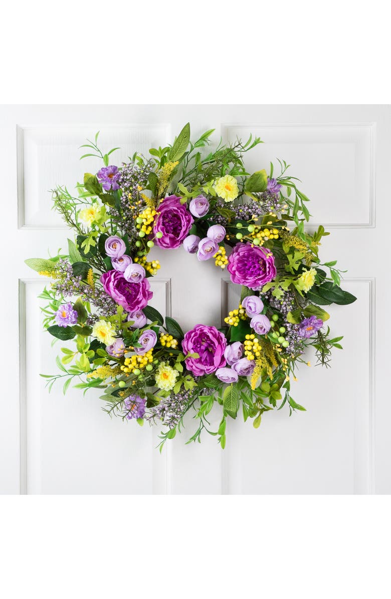 Northlight Peony Mixed Floral Springtime Wreath - 24" - Purple and Yellow, Main, color, Purple