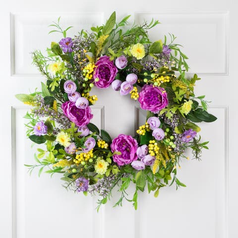 Peony Mixed Floral Springtime Wreath - 24" - Purple and Yellow