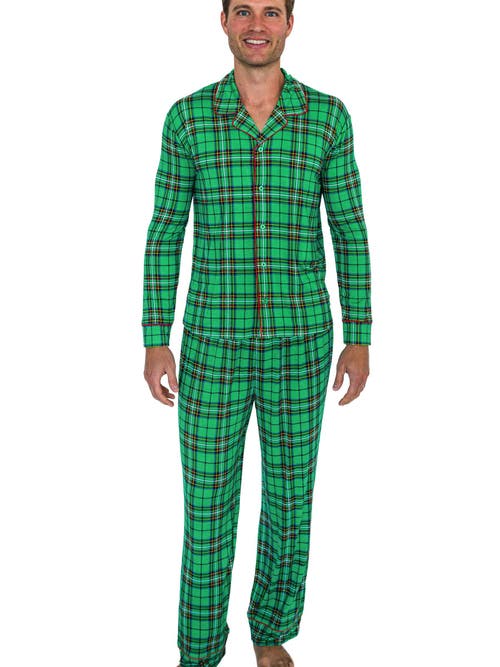 Rufflebutts Softsnooze Adult Gender Inclusive Holiday Button Up Pajama Set In Green