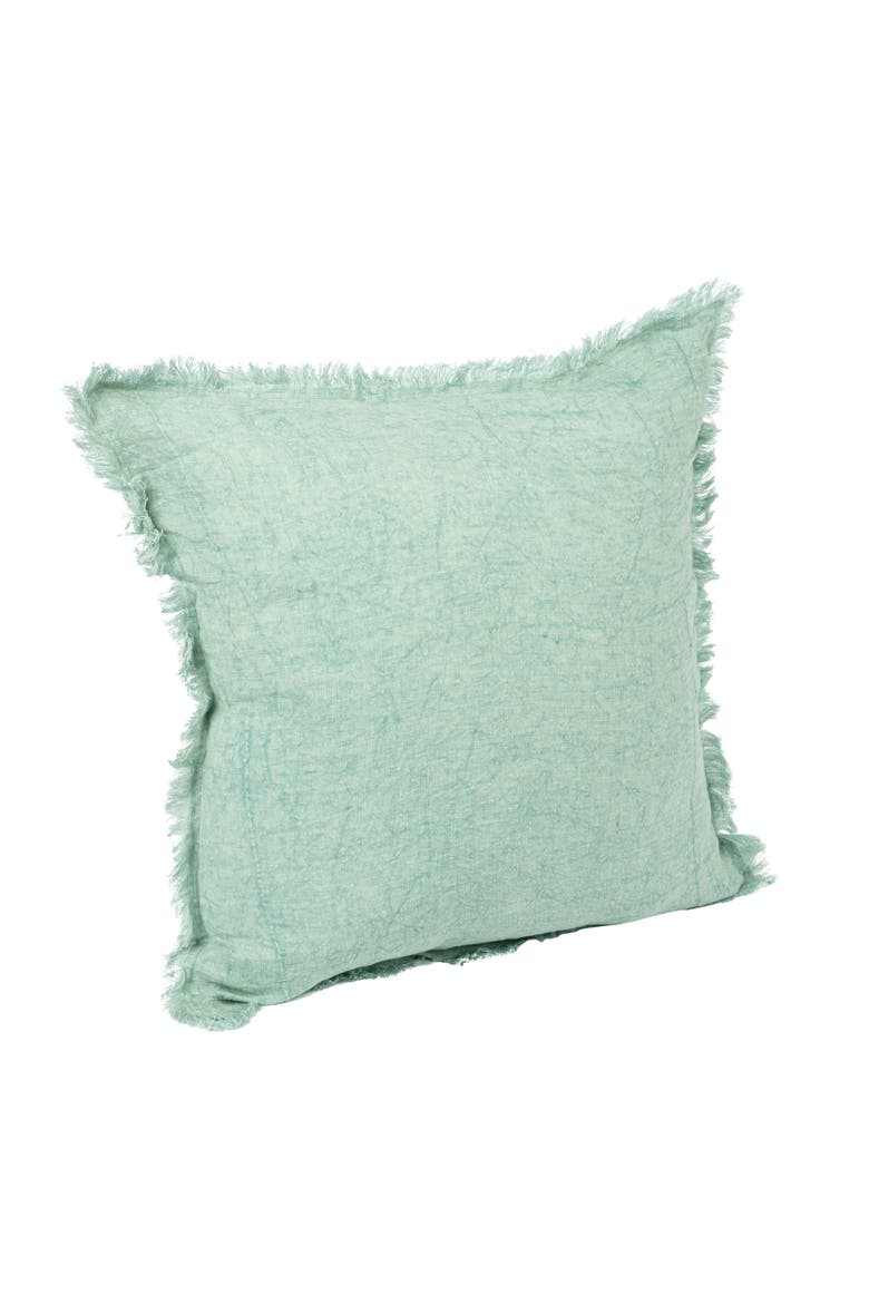 Square Stonewashed Linen Pillow with Fringe, Mint, Main, color, Blue