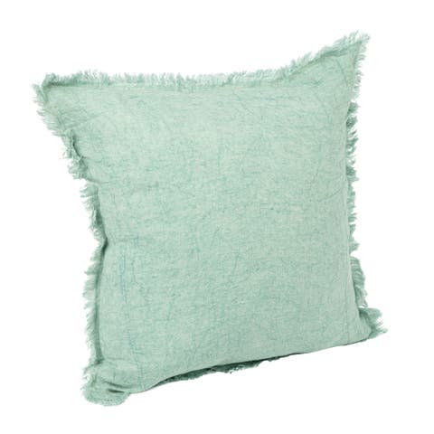 Square Stonewashed Linen Pillow with Fringe, Mint