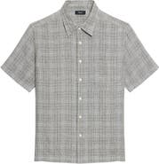 Theory Irving Plaid Short Sleeve Linen Button-Up Shirt