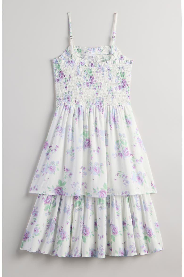 Kids' Floral Smocked Tiered Midi Dress, Alternate, color, IVORY EGRET BLUE BLOOMS