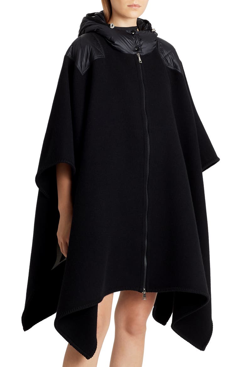 Mantella Down Hood Logo Jacquard Wool Cape, Alternate, color, BLACK