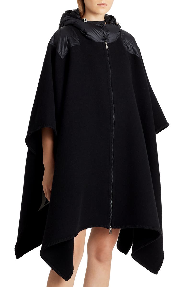 Moncler Mantella Down Hood Logo Jacquard Wool Cape, Alternate, color, 