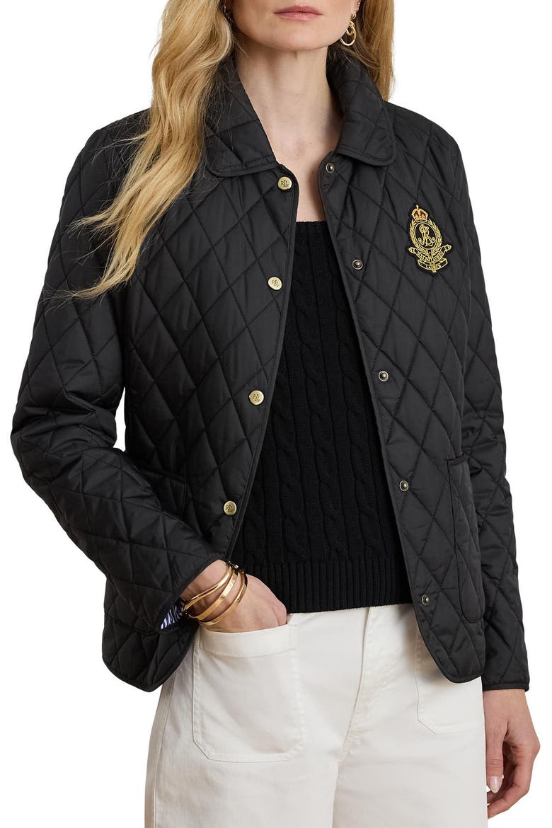 Crest Detail Quilted Jacket, Main, color, BLACK