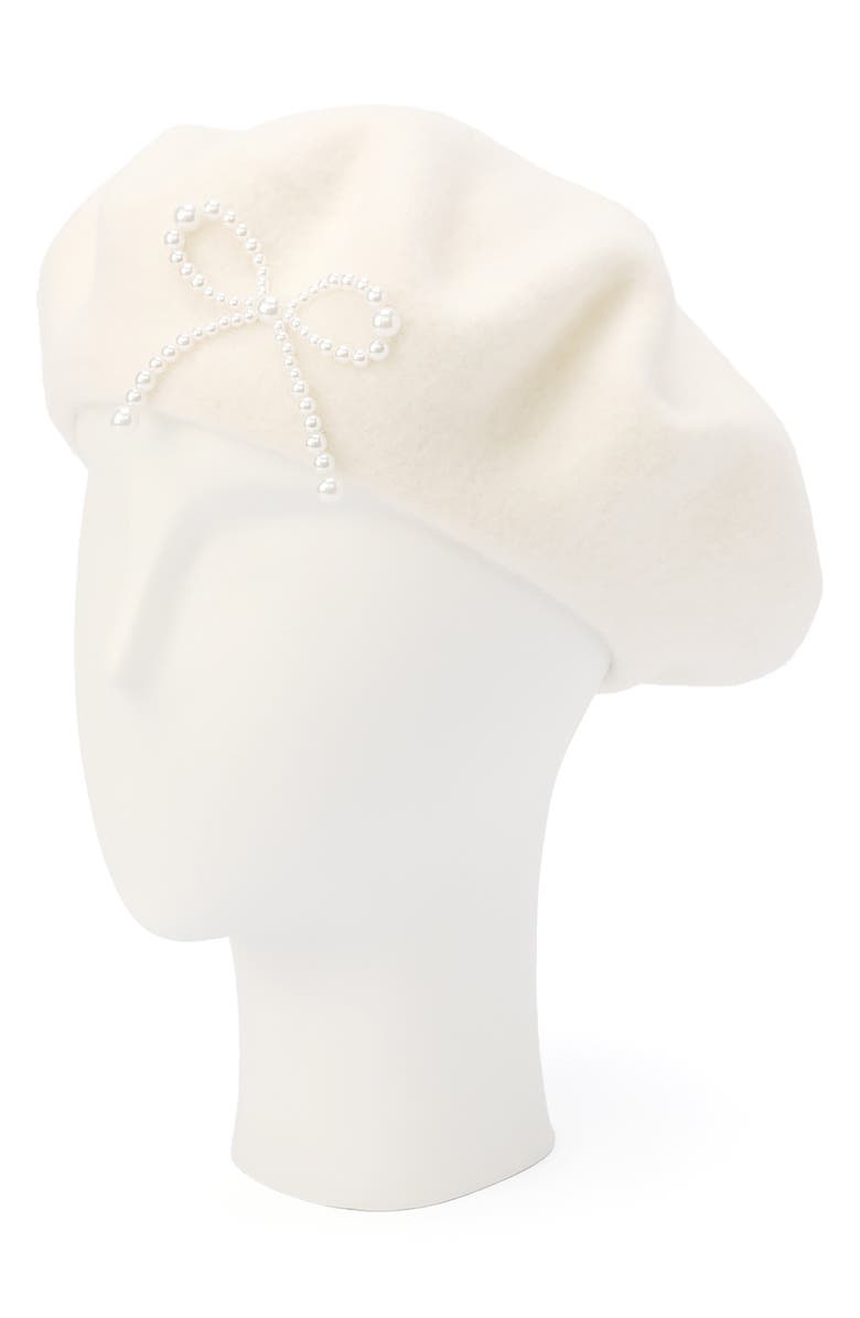 Kate Spade New York Faux Pearl Bow Beret, Alternate, color, Cream