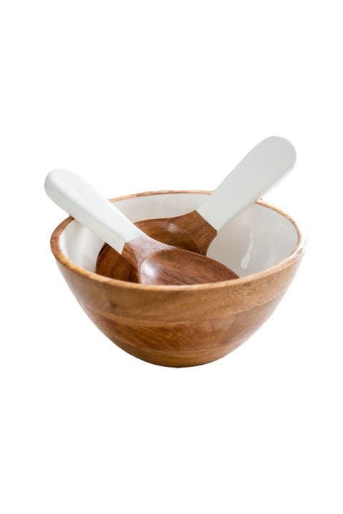 Wood + White Collection Medium Salad Bowl & Servers Set