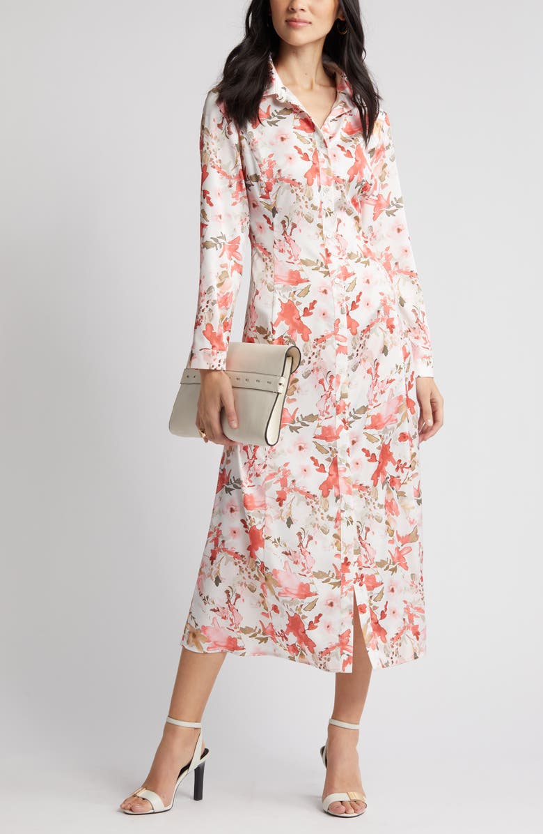 Ming Wang Watercolor Floral Long Sleeve Crêpe de Chine Shirtdress, Main, color, 