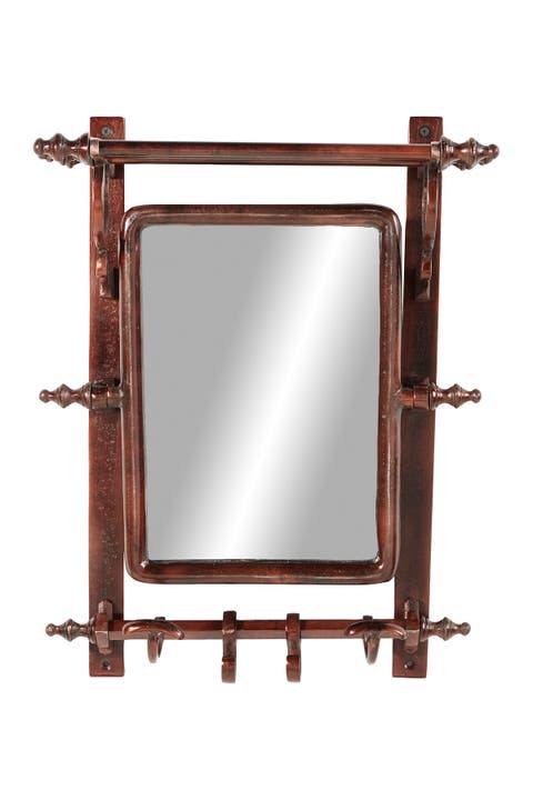 Brown Bathroom Wall Rack with Hooks & Rectangular Mirror