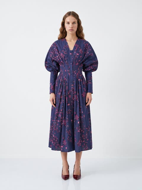 Floral Raglan Sleeve Midi Dress With Pleated Waist