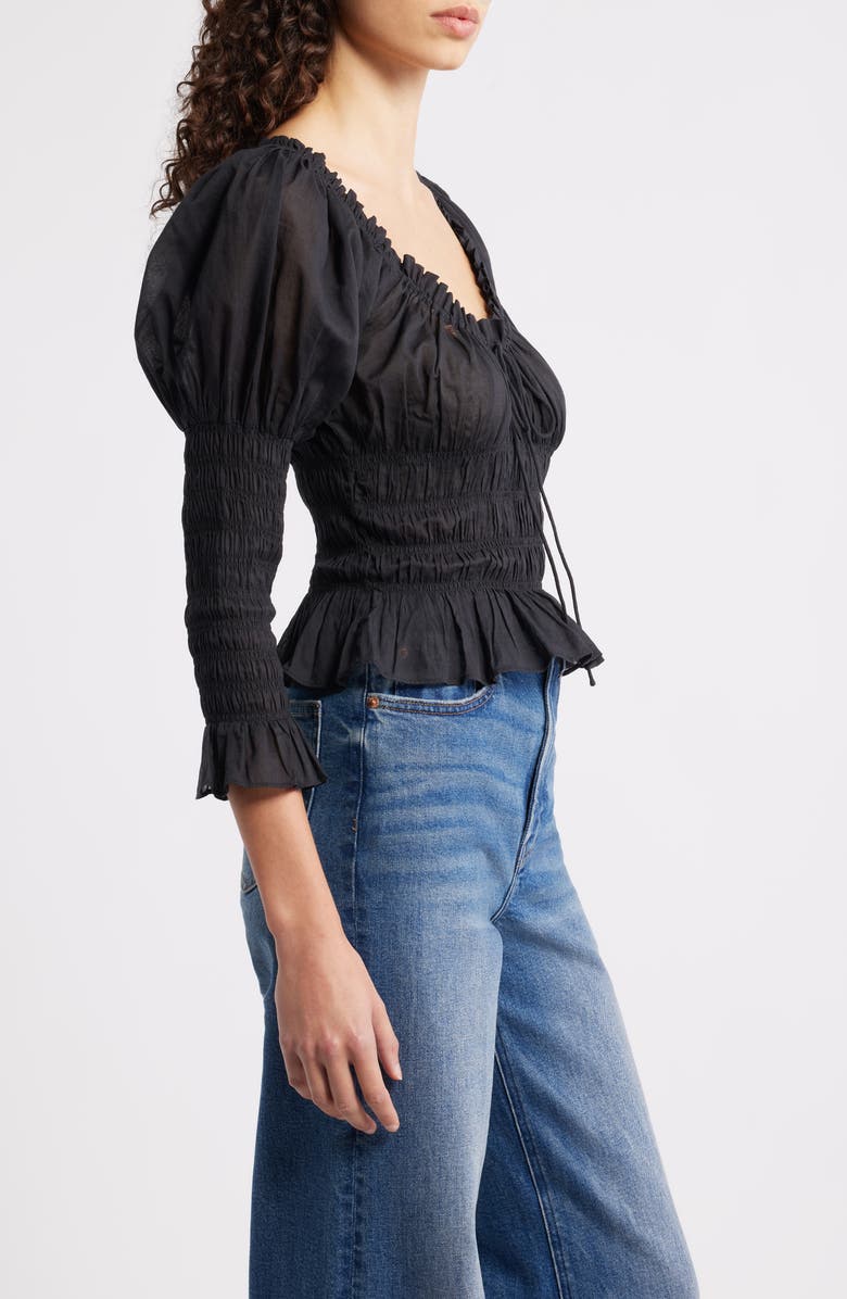 DÔEN Baptisia Smocked Juliet Sleeve Organic Cotton Top, Alternate, color, Black