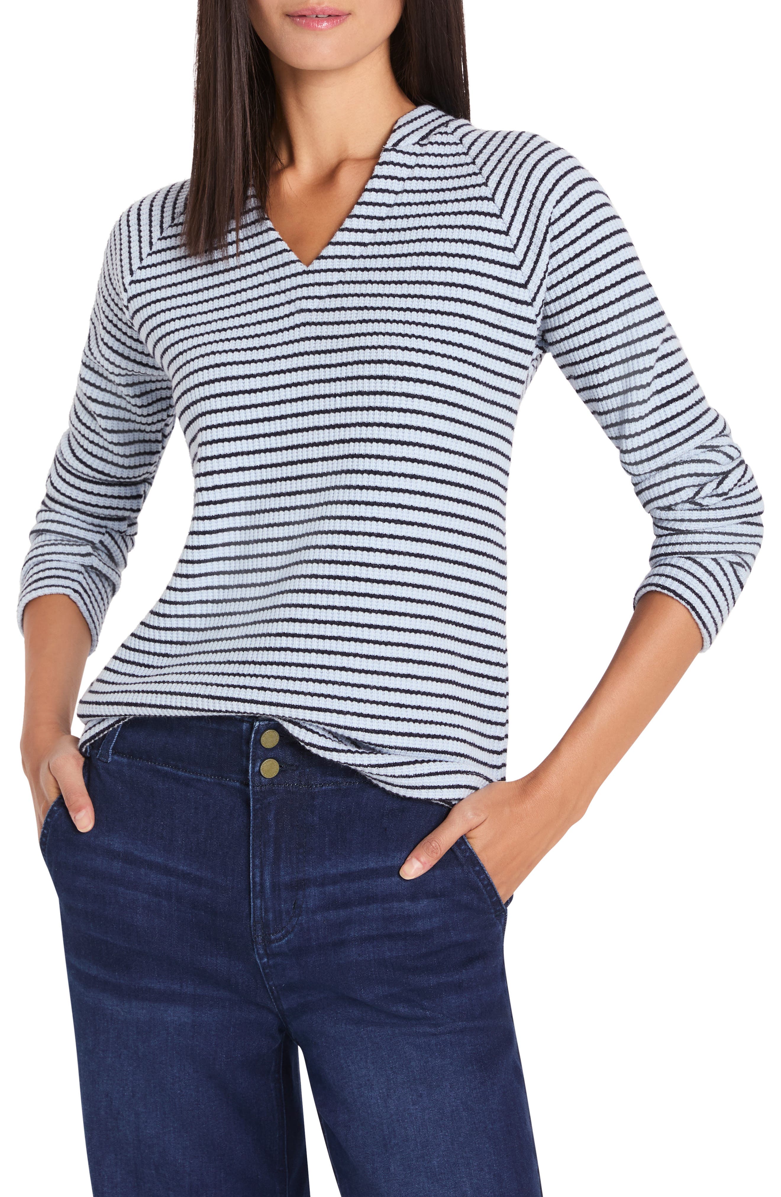 Stripe Thermal Split Neck Long Sleeve Top