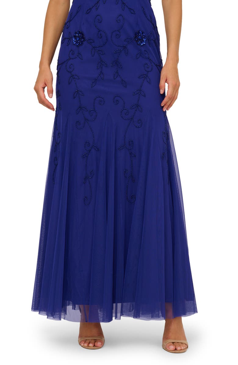 Adrianna Papell Placed Beaded Floral Mesh Mermaid Gown, Alternate, color, Dark Blue Violet