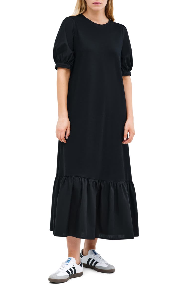 Olivia Mixed Media Midi Dress, Main, color, BLACK