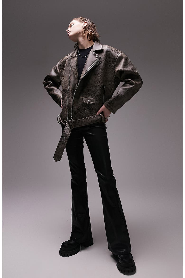 Oversize Faux Leather Biker Jacket, Alternate, color, BROWN
