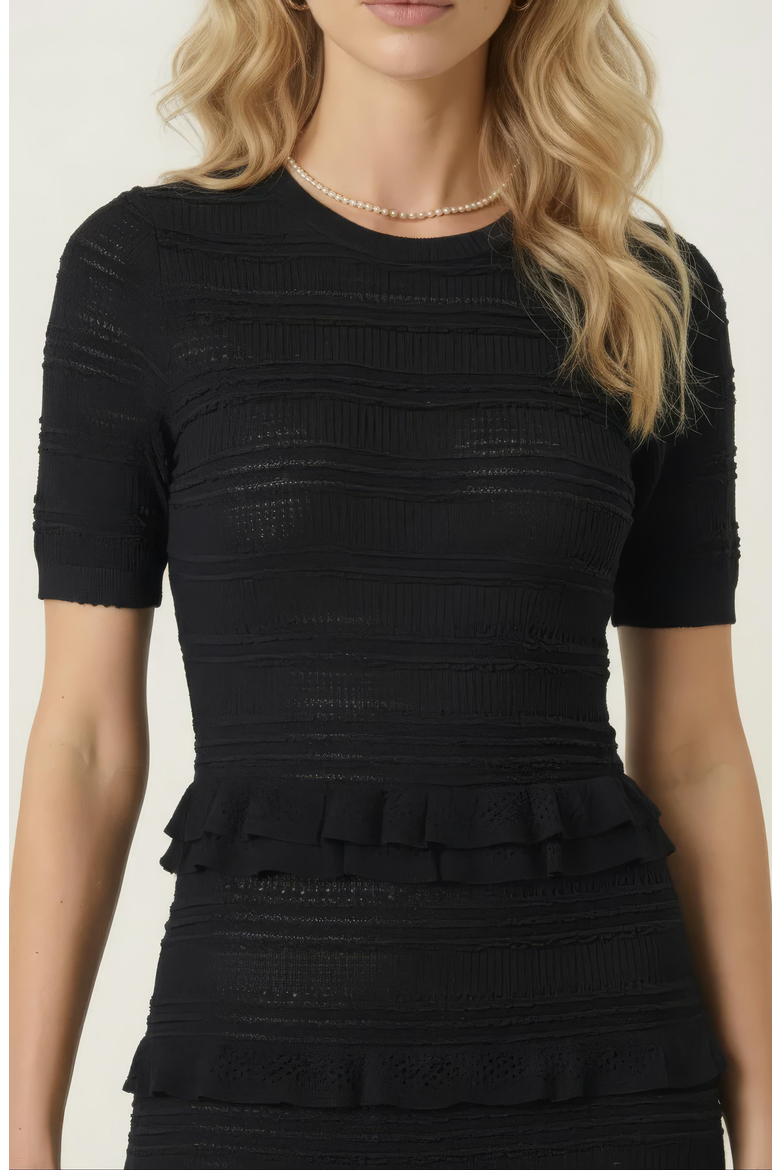 Textured Knit Midi Dress with Ruffle Trim, Alternate, color, Black