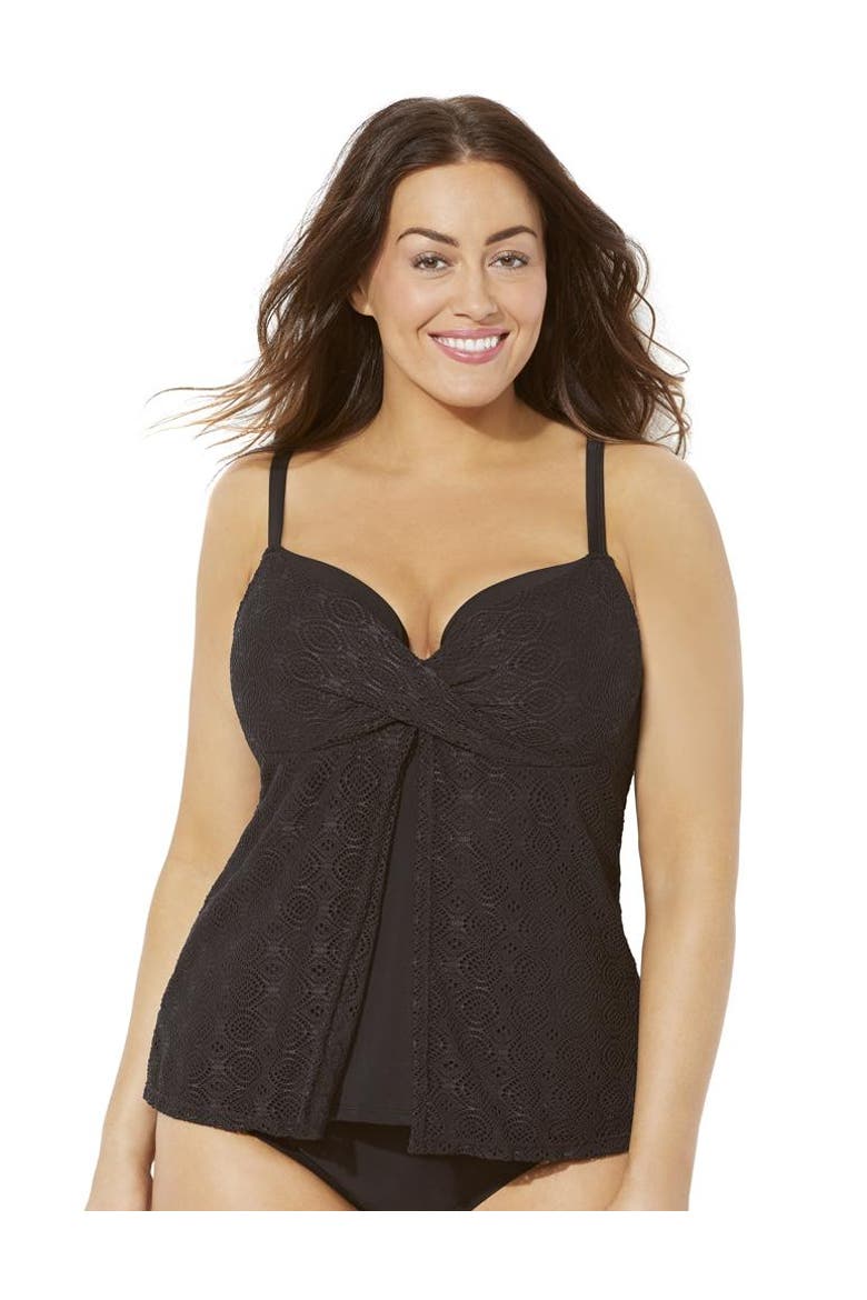 Faux Flyaway Crochet Underwire Tankini Top, Main, color, Black