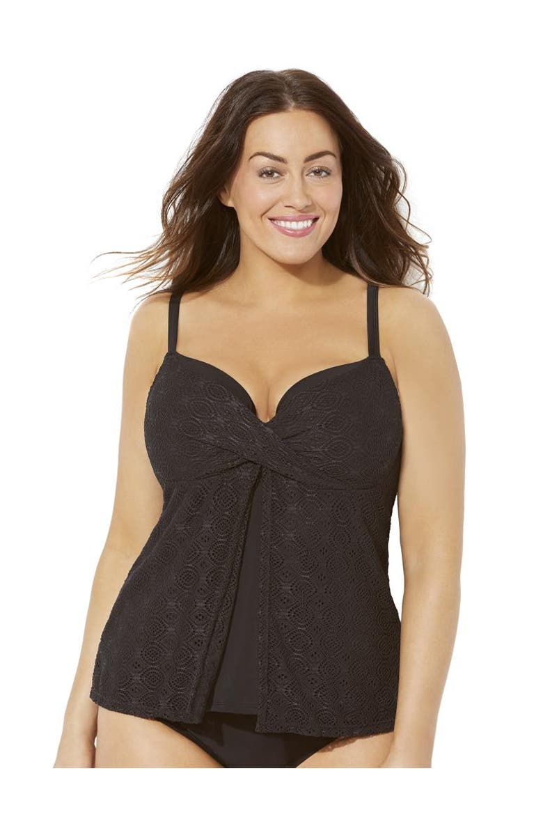 Swimsuits for All Faux Flyaway Crochet Underwire Tankini Top, Main, color, Black