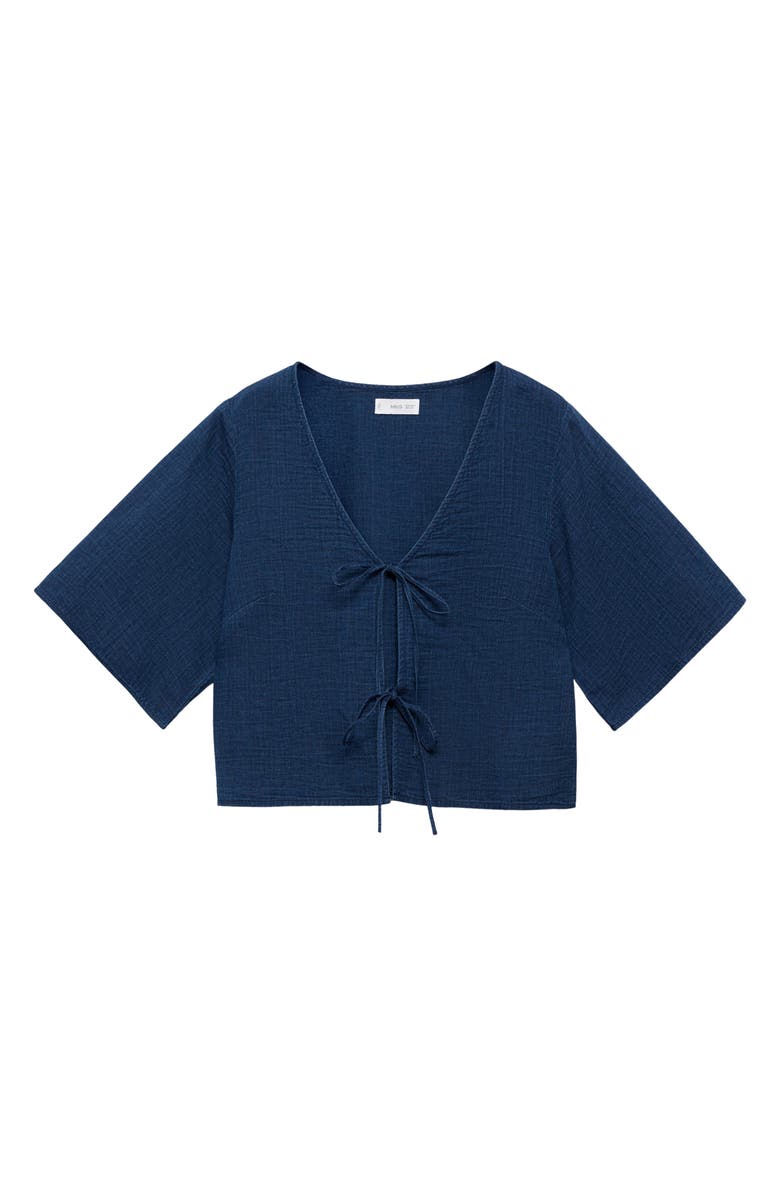 MANGO Tie Front Denim Top, Alternate, color, Night Blue