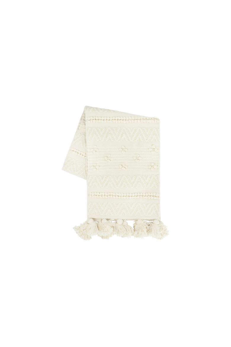 72" Woven Cotton Textured Table Runner with Pom Poms & Tassels, Main, color, Cream