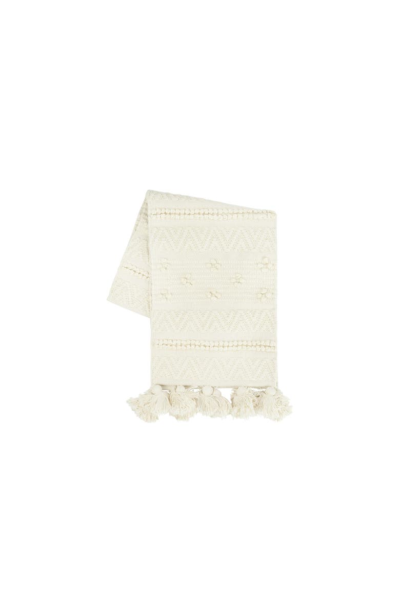Storied Home 72" Woven Cotton Textured Table Runner with Pom Poms & Tassels, Main, color, Cream
