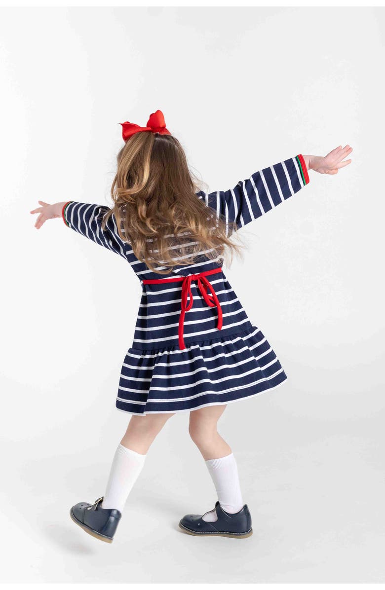 Florence Eiseman Stripe Knit Dress With Embroidered Holly, Alternate, color, Navy, Red, Green, White