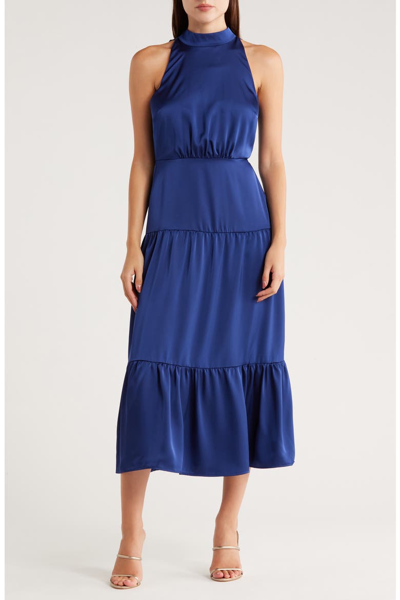 sam edelman pleat skirt halter dress Women's High Neck Fluid Satin Midi - Blue tiered skirt