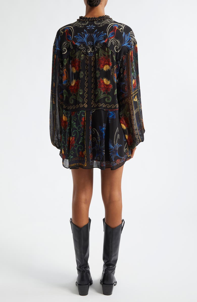 FARM Rio Mixed Arabesque Scarves Print Long Sleeve Minidress, Alternate, color, Black Arabesque