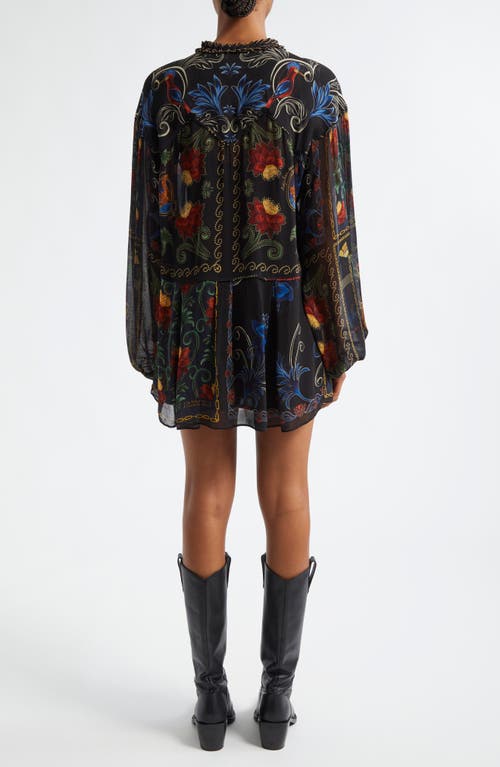 Shop Farm Rio Mixed Arabesque Scarves Print Long Sleeve Minidress In Black Arabesque