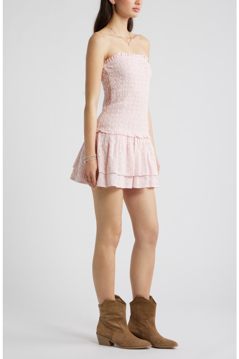 Strapless Smocked Cotton Eyelet Minidress, Alternate, color, PINK BALM
