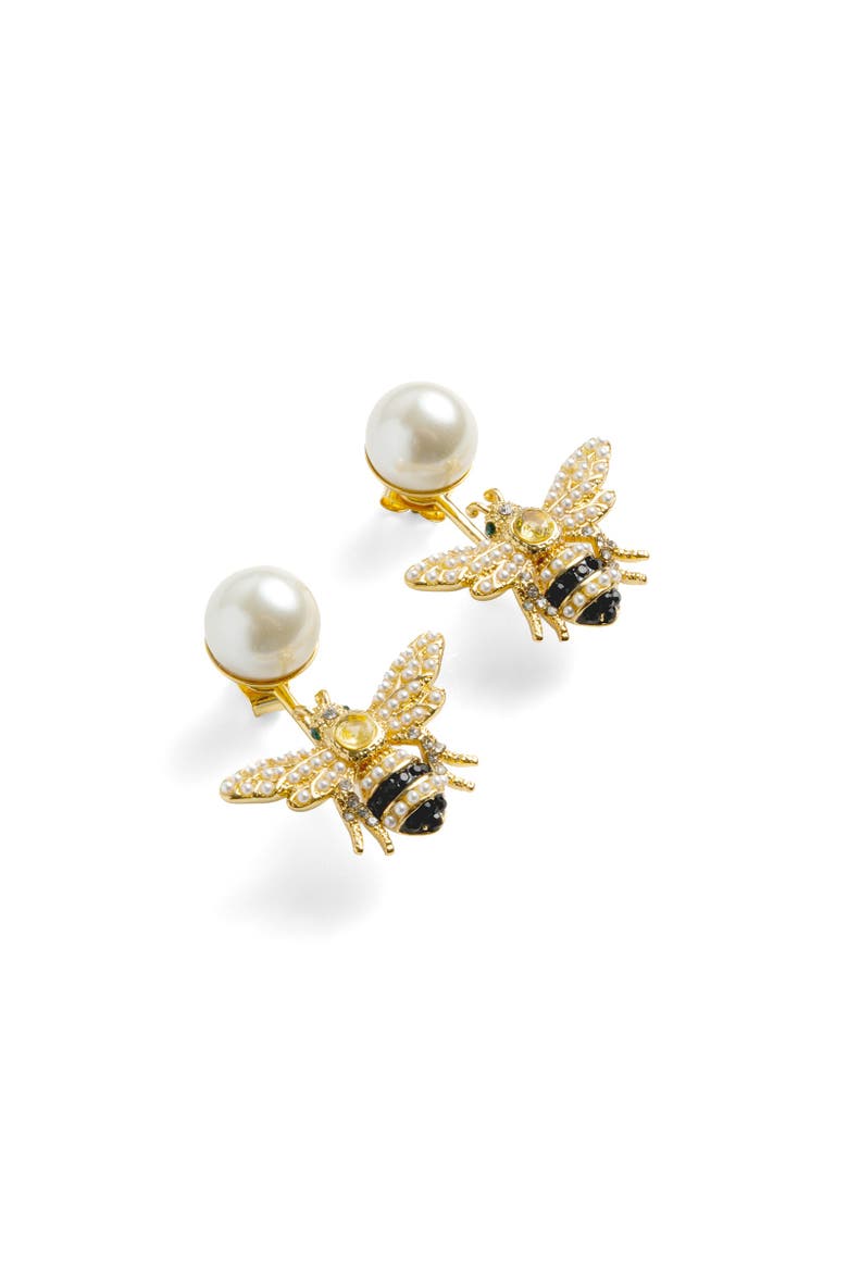 Bejewelled Pearl Bee Earrings, Alternate, color, Bee