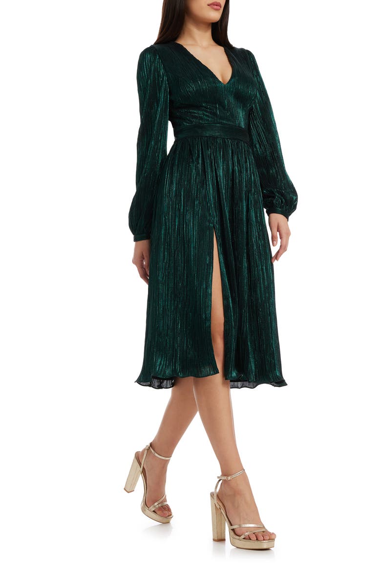 Holly Long Sleeve Metallic Plissé Dress, Alternate, color, DEEP EMERALD