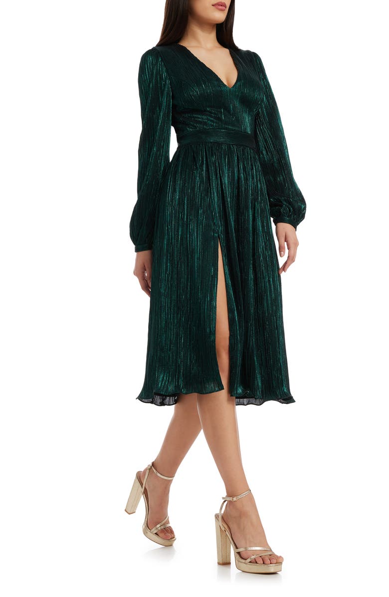 Dress the Population Holly Long Sleeve Metallic Plissé Dress, Alternate, color, Deep Emerald