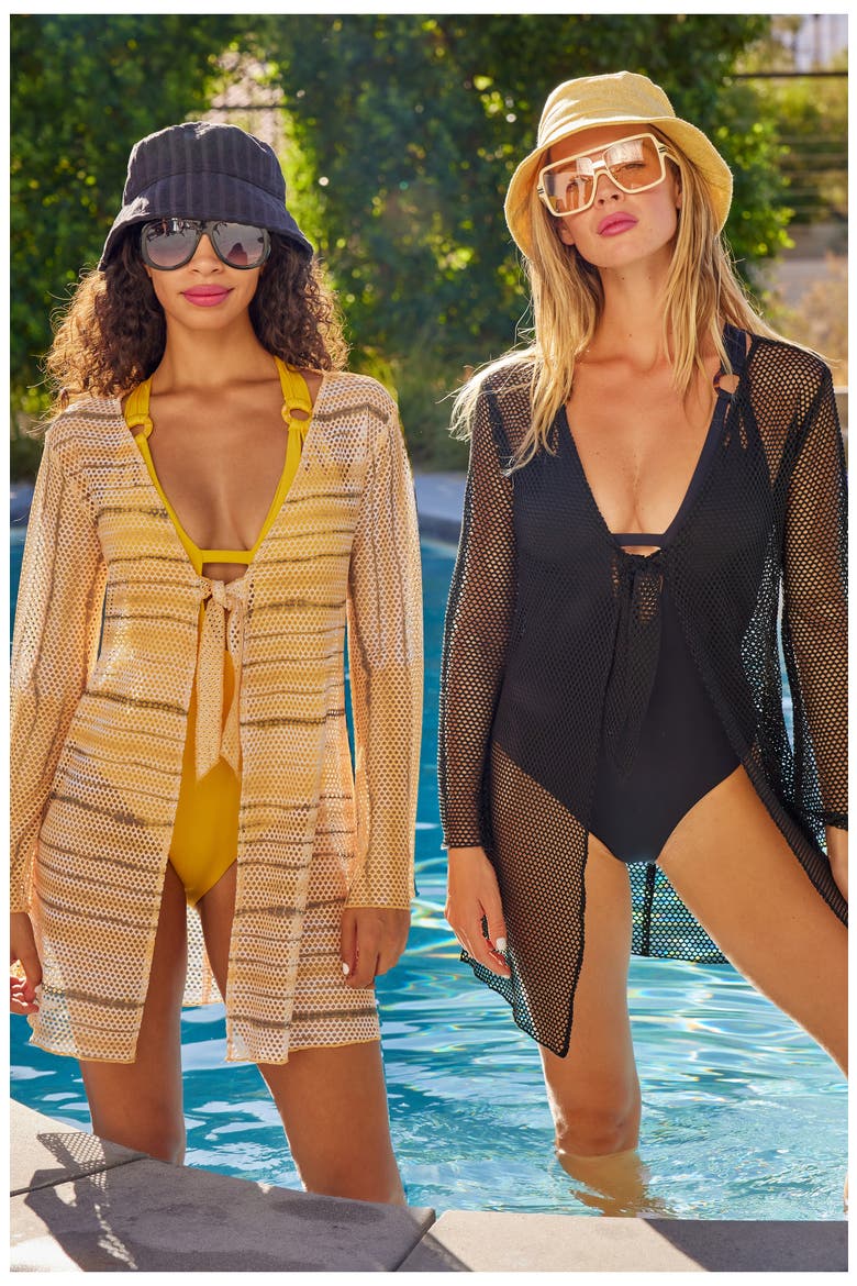 Tie Front Long Sleeve Sheer Mesh Cover-Up, Alternate, color, BLACK
