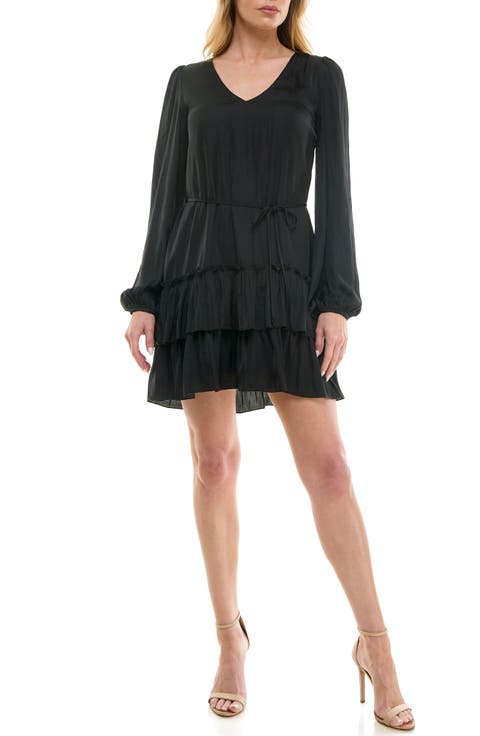 Tiered Long Sleeve Satin Dress