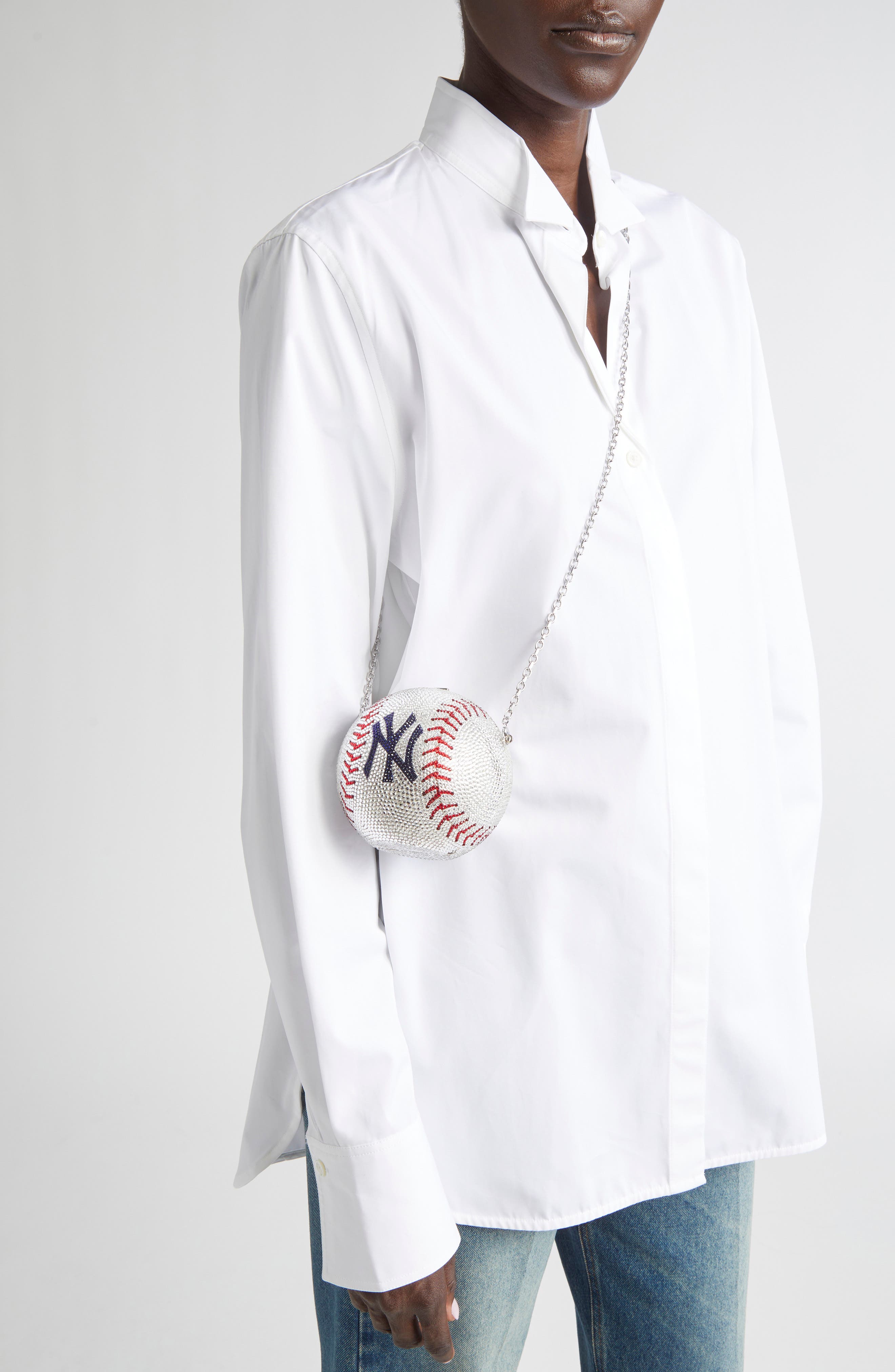 JUDITH LEIBER COUTURE MLB<sup>™</sup> New York Yankees Baseball Clutch, Alternate, color, Silver Rhine