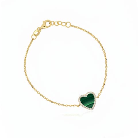 Large Malachite CZ Halo Single Heart Bracelet
