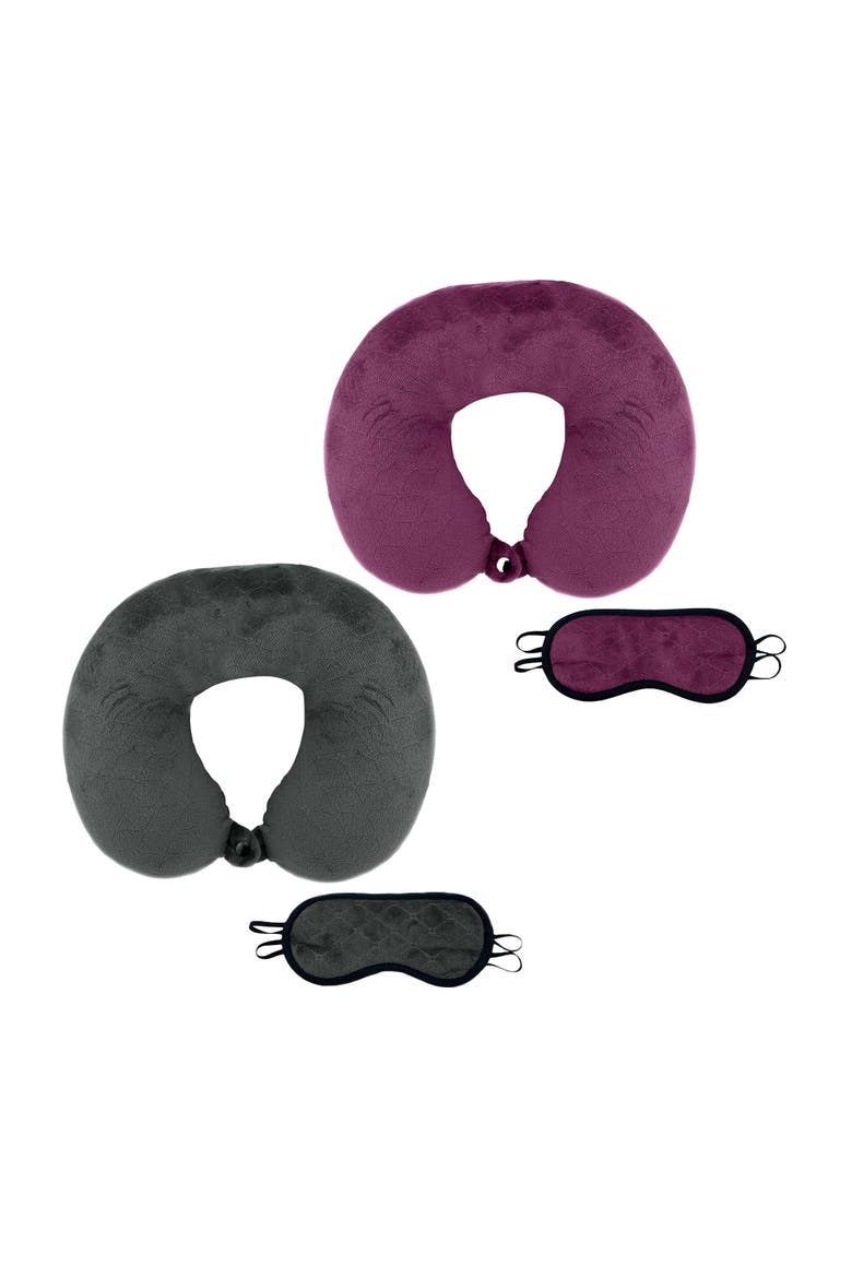 2 Memory Foam Travel Pillows with Sleep Masks, Main, color, Grey