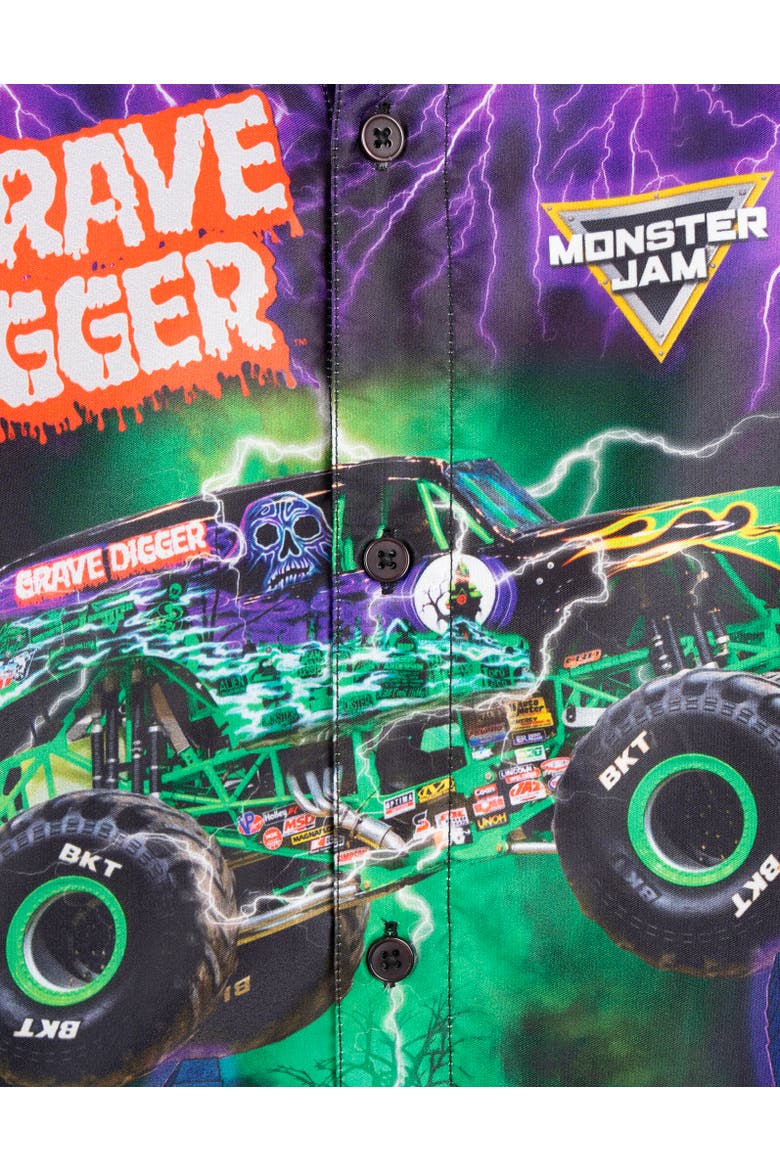 Grave Digger Short Sleeve Button Down Shirt, Alternate, color, Purple/Green