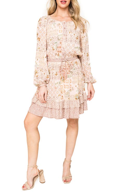 Mixed Print Long Sleeve Dress