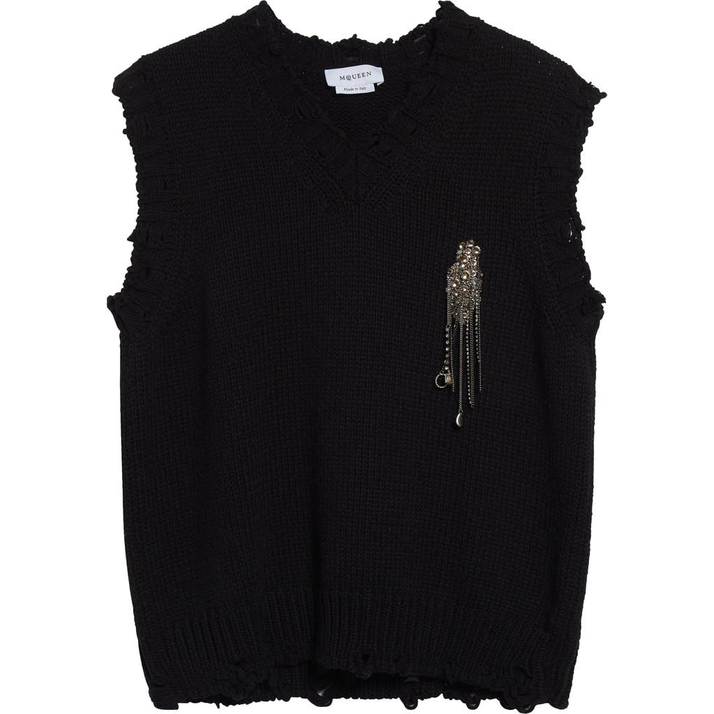 Shop Alexander Mcqueen Mcqueen Crystal Embellished Distressed Wool Sweater Vest In Silver/crystal/black